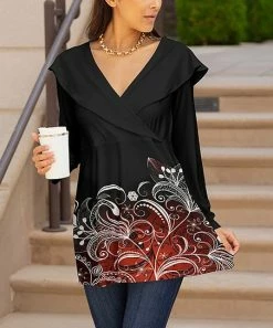 Lily | Black & Red Floral Shawl Collar Tunic - Women