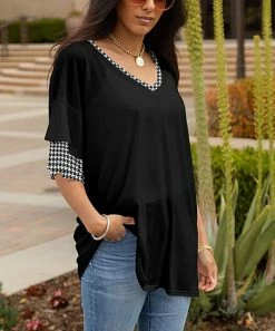 Lily | White & Black Houndstooth Ruffle-Sleeve V-Neck Tunic - Plus