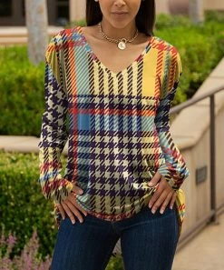 Lily | Yellow & Purple Plaid Long-Sleeve V-Neck Tunic - Women
