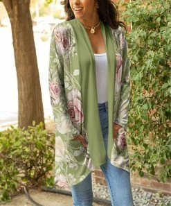 Lily | Green & Pink Rose Pocket Longline Open Cardigan - Women