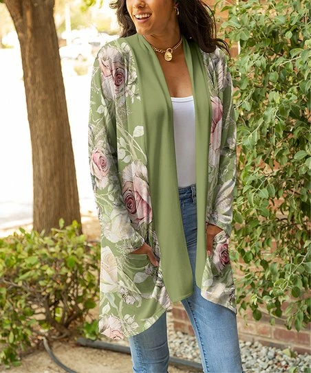 Lily | Green & Pink Rose Pocket Longline Open Cardigan - Women 1 Lily | Green & Pink Rose Pocket Longline Open Cardigan - Women