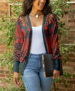 Lily | Rust & Blue Damask Snap-Up Cardigan - Women