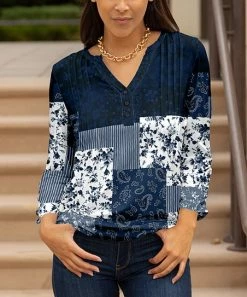 Lily | Navy & White Floral Paisley Pleated Button-Front Notch Neck Tunic - Women & Plus