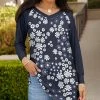 Lily | Navy & White Floral Long-Sleeve V-Neck Tunic - Plus