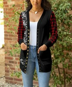 Lily | Black & Red Buffalo Check Pocket Snap-Button Cardigan - Plus