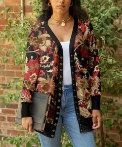 Lily | Black & Red Floral Snap-Button Cardigan - Plus