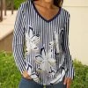 Lily | Navy & White Floral Stripe V-Neck Long-Sleeve Tunic - Plus