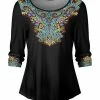 Lily | Black & Blue Floral Swirl Half-Sleeve Boatneck Top - Women