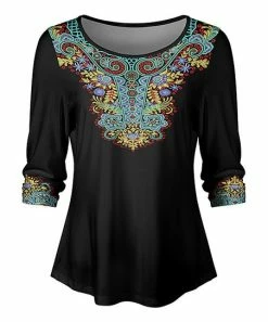 Lily | Black & Blue Floral Swirl Half-Sleeve Boatneck Top - Women