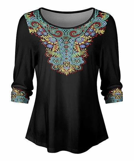 Lily | Black & Blue Floral Swirl Half-Sleeve Boatneck Top - Women 1 Lily | Black & Blue Floral Swirl Half-Sleeve Boatneck Top - Women