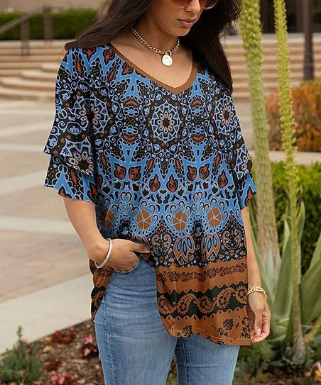 Lily | Blue & Brown Geometric Ruffle-Sleeve Tunic - Women 1 Lily | Blue & Brown Geometric Ruffle-Sleeve Tunic - Women