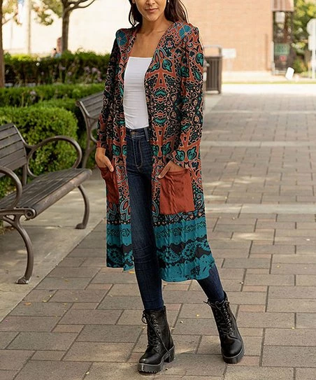 Lily | Rust & Blue Abstract Pocket Hooded Duster - Women 1 Lily | Rust & Blue Abstract Pocket Hooded Duster - Women