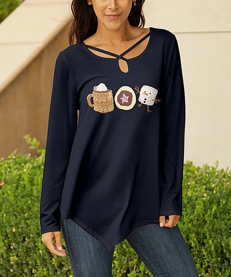 Lily | Navy & Brown Marshmallow Asymmetric-Hem Long-Sleeve Tunic - Women & Plus 1 Lily | Navy & Brown Marshmallow Asymmetric-Hem Long-Sleeve Tunic - Women & Plus