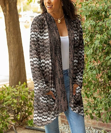Lily | Mocha & White Abstract Pocket Open Cardigan - Plus 1 Lily | Mocha & White Abstract Pocket Open Cardigan - Plus