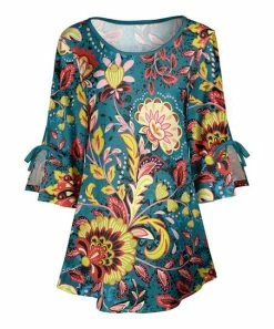 Lily | Turquoise & Yellow Floral Tie-Accent Split-Sleeve Scoop Neck Tunic - Women