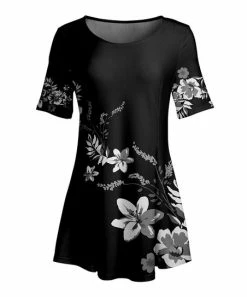 Lily | Black & White Floral Short-Sleeve Boatneck Tunic - Women & Plus