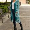 Lily | Teal & Cream Floral Cable-Knit Pocket Hooded Duster - Women