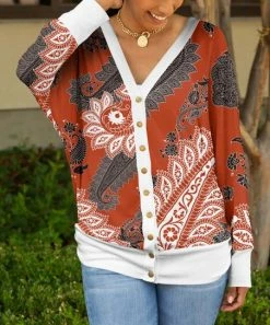Lily | Orange & White Paisley Snap-Button Cardigan - Women