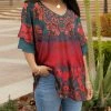 Lily | Red & Green Filigree Ruffle-Sleeve V-Neck Tunic - Plus