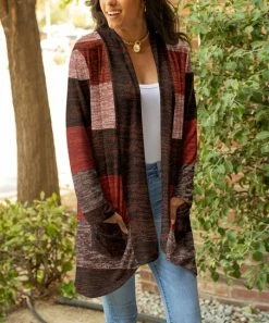 Lily | Brown & Red Color Block Pocket Open Cardigan - Women
