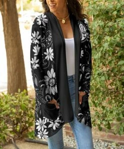 Lily | Black & White Floral Pocket Open Cardigan - Women & Plus