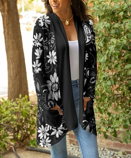 Lily | Black & White Floral Pocket Open Cardigan - Women & Plus 1 Lily | Black & White Floral Pocket Open Cardigan - Women & Plus