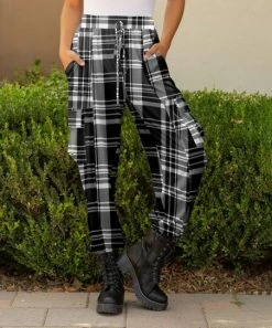 Lily | Black & White Plaid Cargo Pants - Plus