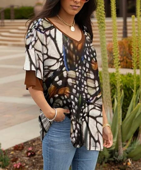 Lily | Brown & White Butterfly Wing Layered-Sleeve V-Neck Tunic - Plus 1 Lily | Brown & White Butterfly Wing Layered-Sleeve V-Neck Tunic - Plus