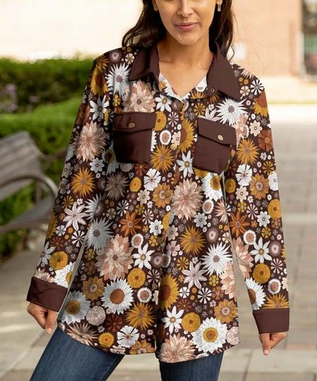 Lily | Brown & Yellow Floral Flannel Button-Up Tunic - Women 1 Lily | Brown & Yellow Floral Flannel Button-Up Tunic - Women