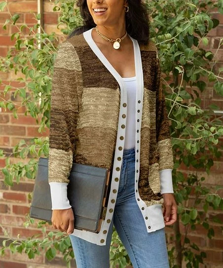 Lily | Beige & Brown Stripe Pocket Snap-Button Cardigan - Plus 1 Lily | Beige & Brown Stripe Pocket Snap-Button Cardigan - Plus