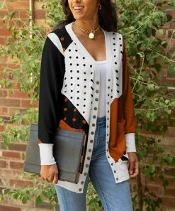 Lily | Rust & Black Polka Dot Pocket Snap-Button Cardigan - Plus
