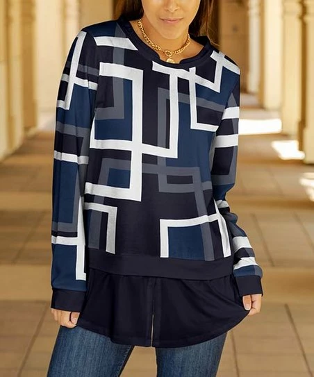 Lily | Blue & White Geometric Split-Hem Long-Sleeve Tunic - Women 1 Lily | Blue & White Geometric Split-Hem Long-Sleeve Tunic - Women