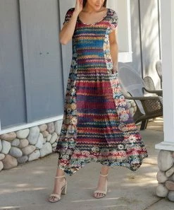 Lily | Red & Blue Retro Patchwork Handkerchief Maxi Dress - Women