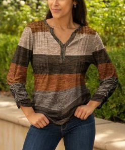 Lily | Rust & Brown Stripe Long-Sleeve Pleated Button-Front Tunic - Women & Plus