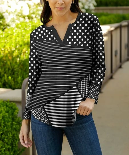 Lily | Black & White Geometric Color Block Notch Neck Top - Plus 1 Lily | Black & White Geometric Color Block Notch Neck Top - Plus