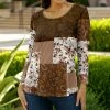 Lily | Brown & White Patchwork Floral Boatneck Top - Women