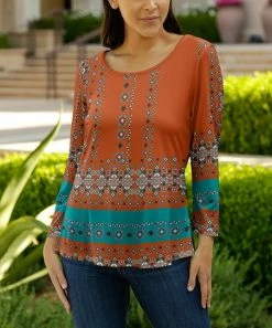 Lily | Rust & Teal Abstract Boatneck Top - Women