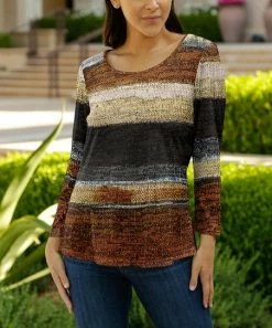 Lily | Black & Brown Abstract Stripe Boatneck Top - Women & Plus