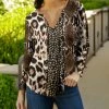 Lily | Brown & Cream Animal-Print Notch Neck Top - Plus