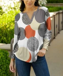 Lily | White & Orange Abstract Circle Notch Neck Top - Women