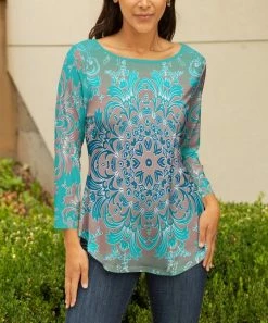 Lily | Turquoise & Gray Medallion Boatneck Top - Women