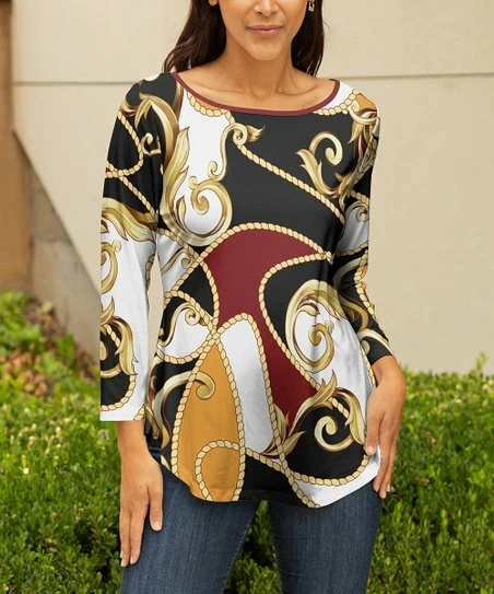 Lily | Black & Gold Abstract Boatneck Top - Plus 1 Lily | Black & Gold Abstract Boatneck Top - Plus