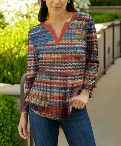 Lily | Rust & Blue Abstract Stripe Notch Neck Top - Women & Plus