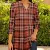 Lily | Orange & Brown Plaid Three-Quarter Sleeve Notch Neck Tunic - Women & Plus