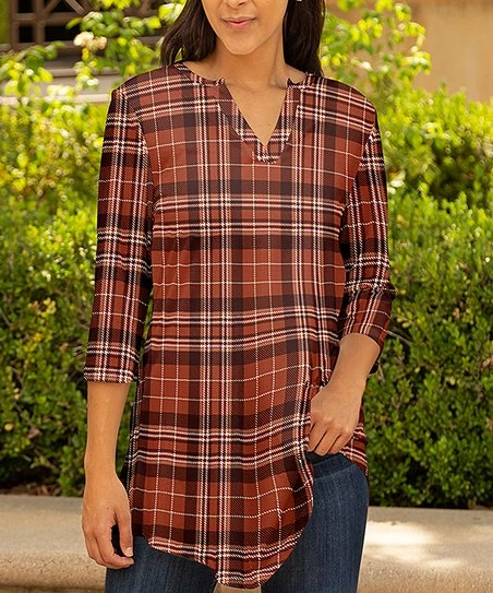 Lily | Orange & Brown Plaid Three-Quarter Sleeve Notch Neck Tunic - Women & Plus 1 Lily | Orange & Brown Plaid Three-Quarter Sleeve Notch Neck Tunic - Women & Plus