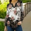 Lily | Black & Pink Floral Long-Sleeve Notch Neck Top - Women & Plus