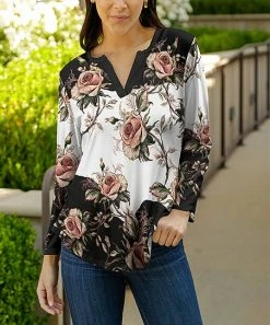 Lily | Black & Pink Floral Long-Sleeve Notch Neck Top - Women & Plus