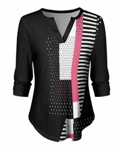 Lily | Black & Pink Patchwork Three-Quarter Sleeve Notch Neck Top - Plus