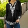 Lily | Black & White Lace-Print Long-Sleeve Notch Neck Top - Women & Plus