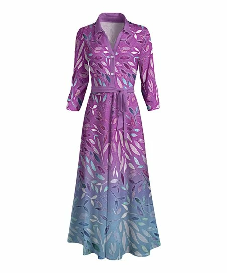 Lily | Purple & Blue Ombré Foliage Button-Front Waist-Tie Shirt Dress - Women 1 Lily | Purple & Blue Ombré Foliage Button-Front Waist-Tie Shirt Dress - Women